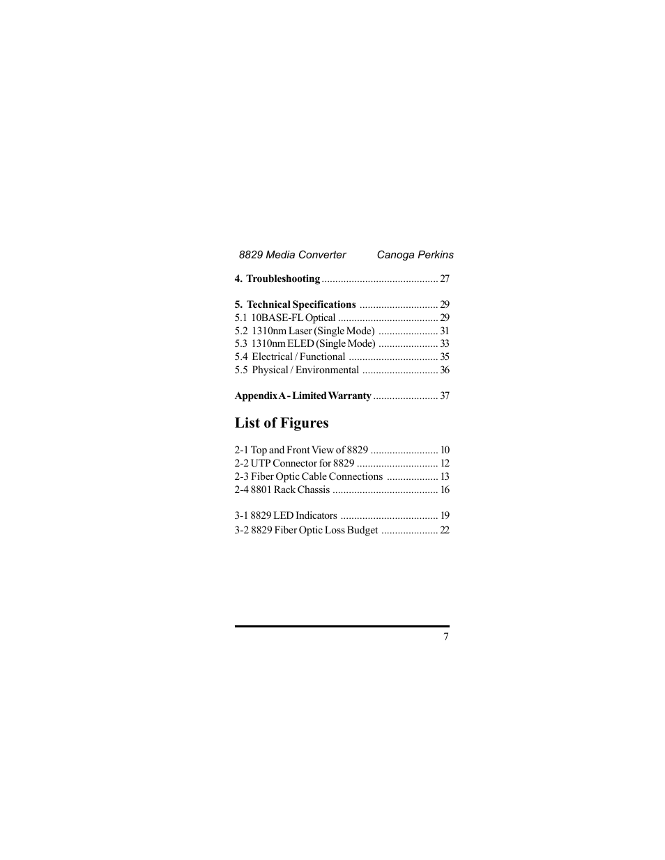 List of figures | CANOGA PERKINS 8829 UTP-to-Fiber Optic Media Converter User Manual | Page 7 / 42