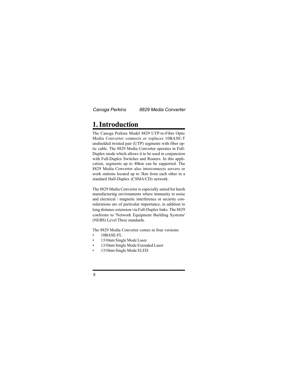 Introduction | CANOGA PERKINS 8829 UTP-to-Fiber Optic Media Converter User Manual | Page 8 / 42