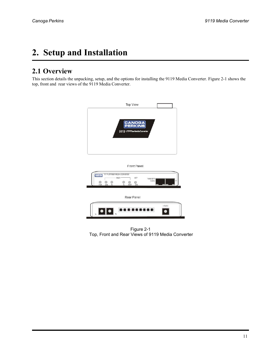 Setup and installation, 1 overview | CANOGA PERKINS 9119 Rack Mount 100BASE-TX/FX Media Converter User Manual | Page 11 / 30