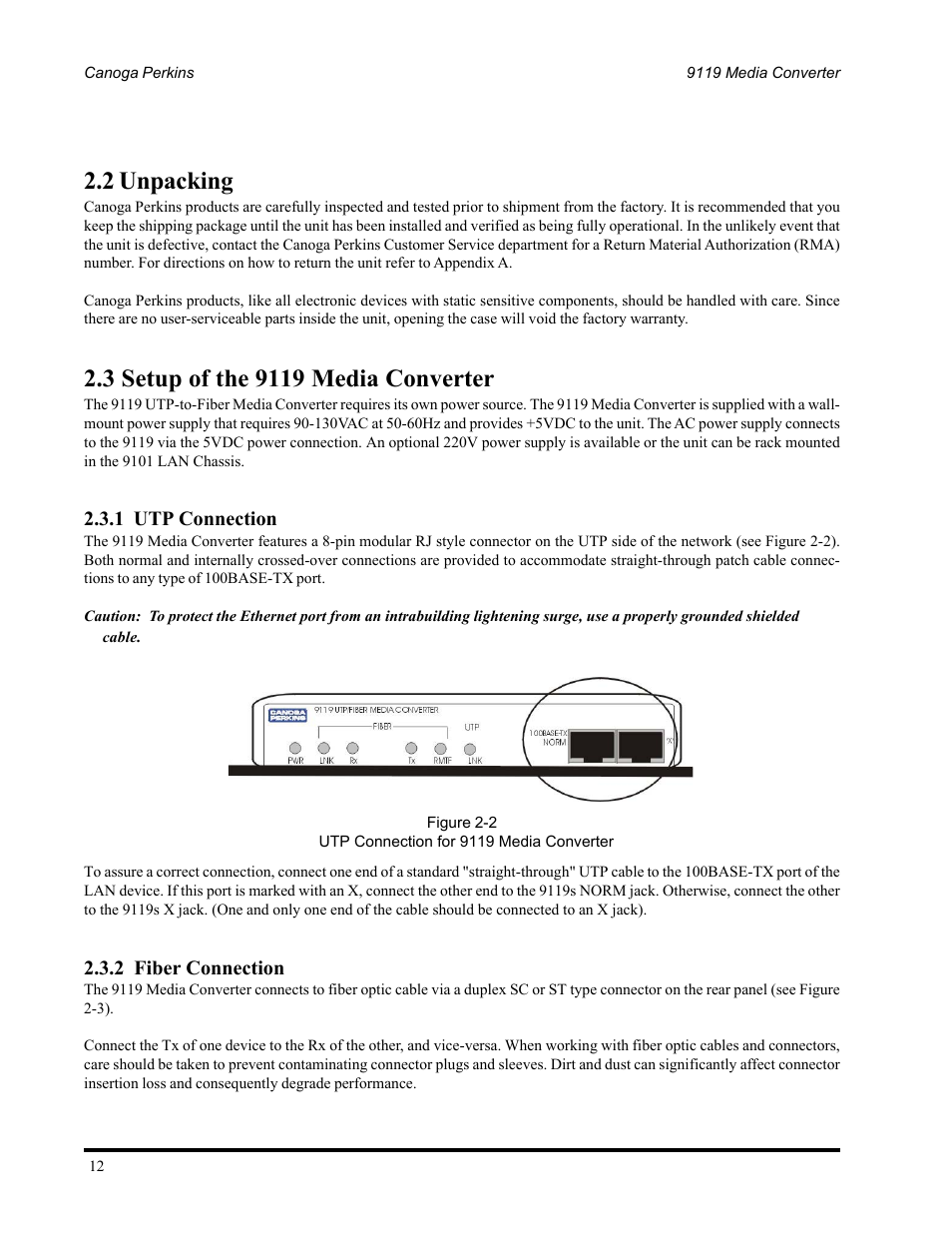2 unpacking | CANOGA PERKINS 9119 Rack Mount 100BASE-TX/FX Media Converter User Manual | Page 12 / 30