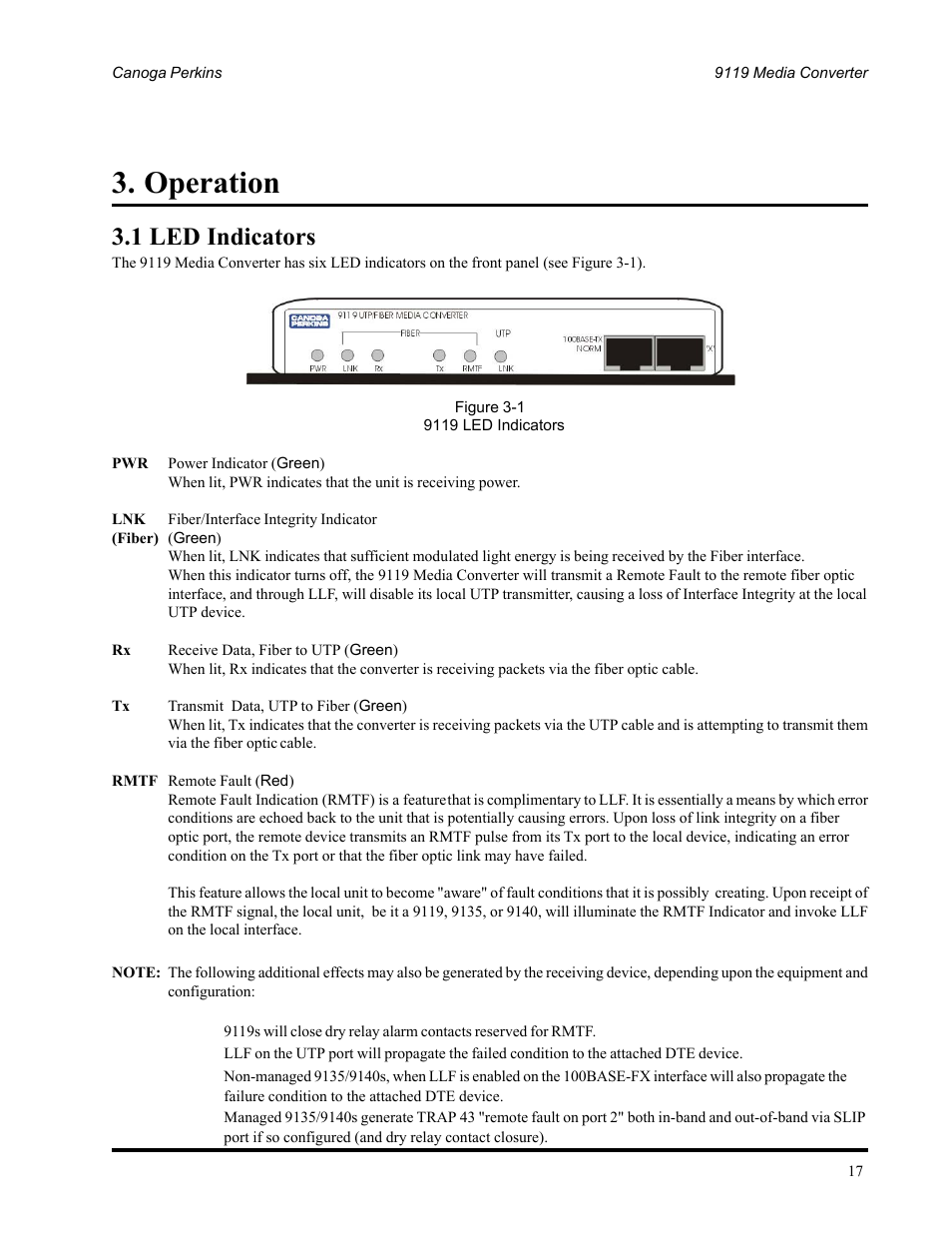 Operation, 1 led indicators | CANOGA PERKINS 9119 Rack Mount 100BASE-TX/FX Media Converter User Manual | Page 17 / 30