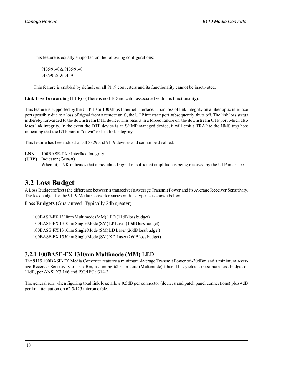 2 loss budget | CANOGA PERKINS 9119 Rack Mount 100BASE-TX/FX Media Converter User Manual | Page 18 / 30