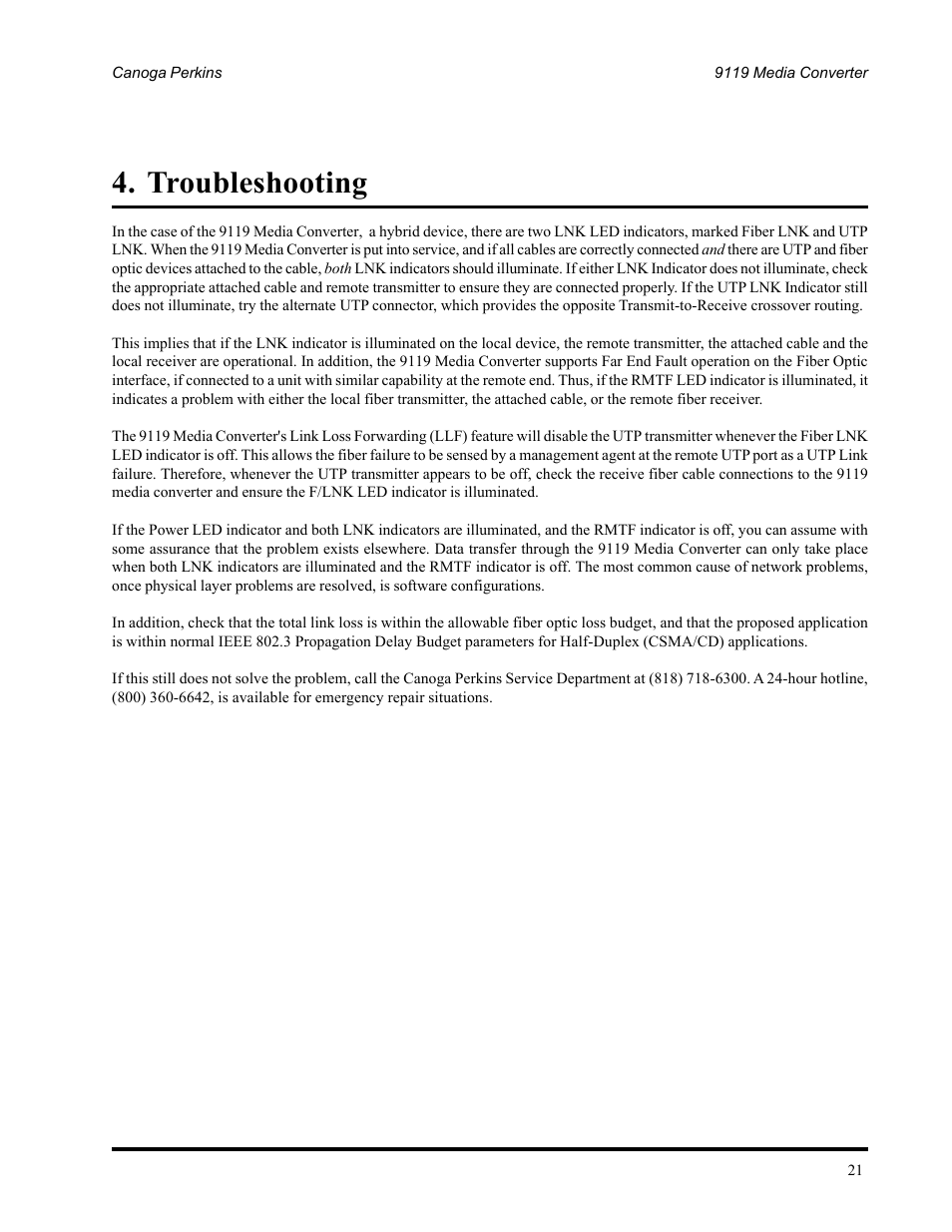 Troubleshooting | CANOGA PERKINS 9119 Rack Mount 100BASE-TX/FX Media Converter User Manual | Page 21 / 30