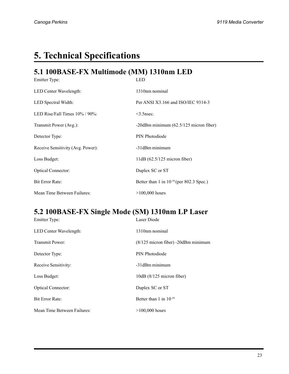 Technical specifications | CANOGA PERKINS 9119 Rack Mount 100BASE-TX/FX Media Converter User Manual | Page 23 / 30