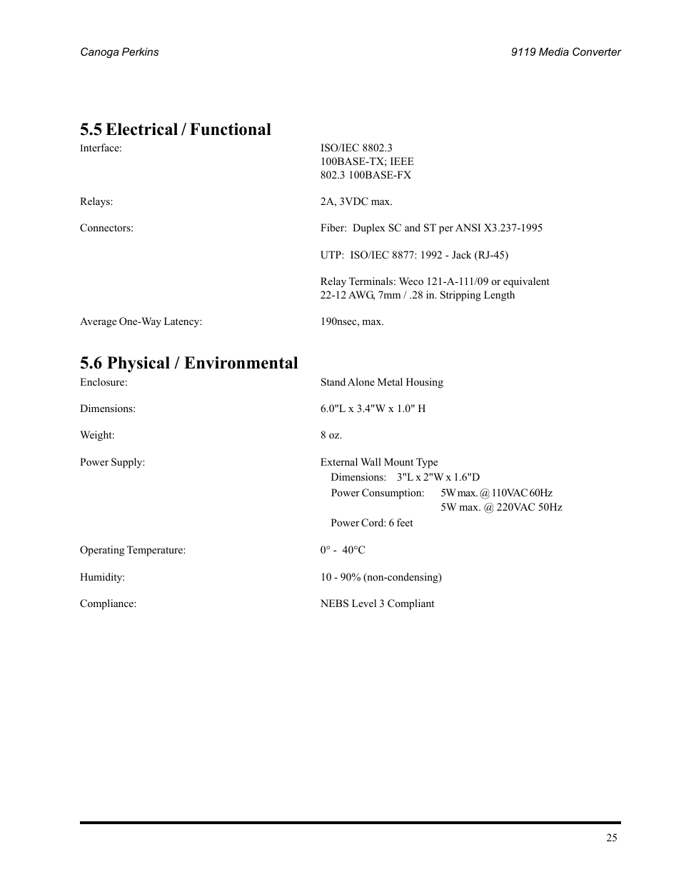 5 electrical / functional, 6 physical / environmental | CANOGA PERKINS 9119 Rack Mount 100BASE-TX/FX Media Converter User Manual | Page 25 / 30