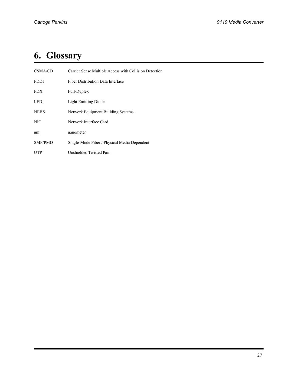 Glossary | CANOGA PERKINS 9119 Rack Mount 100BASE-TX/FX Media Converter User Manual | Page 27 / 30