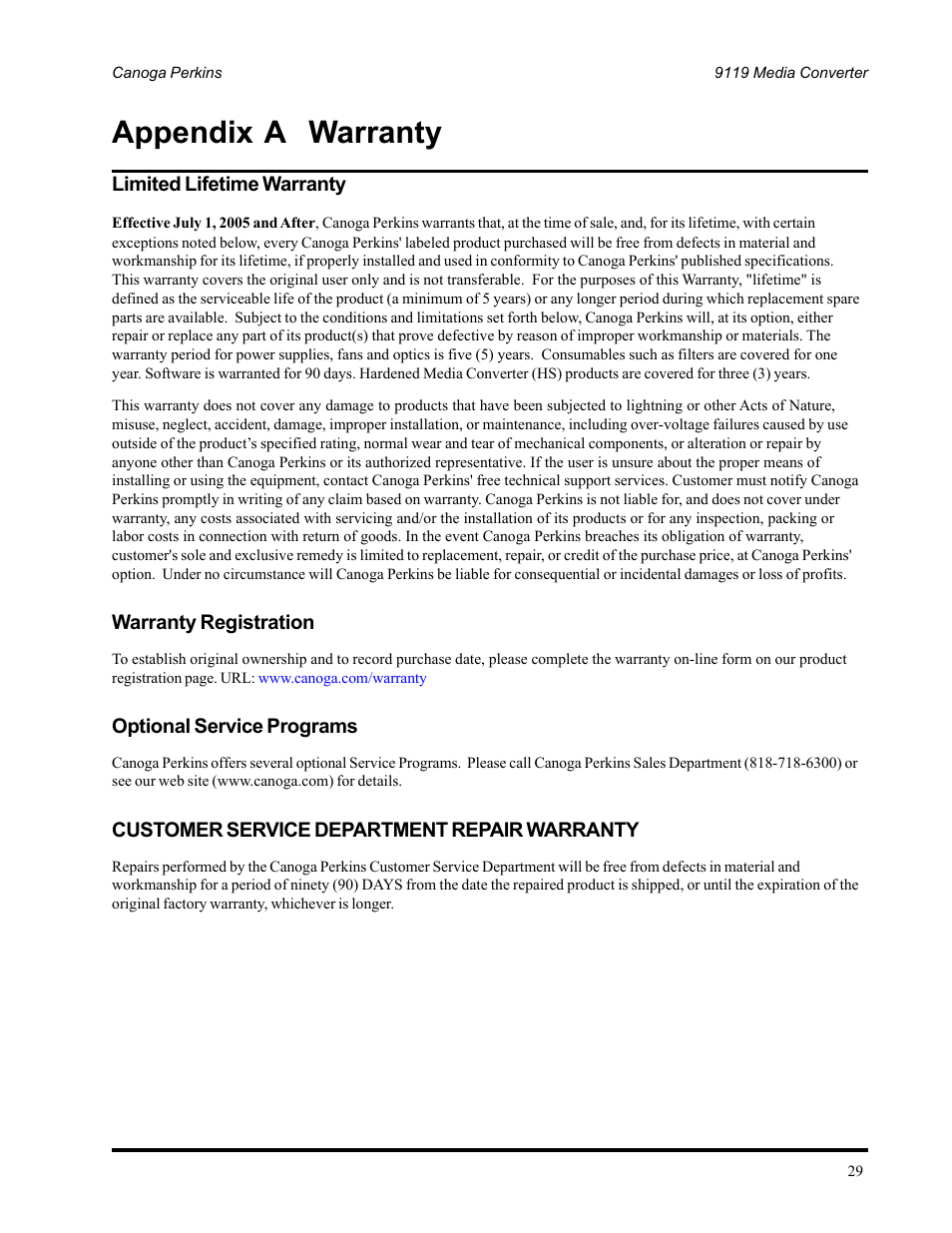 Appendix a warranty | CANOGA PERKINS 9119 Rack Mount 100BASE-TX/FX Media Converter User Manual | Page 29 / 30