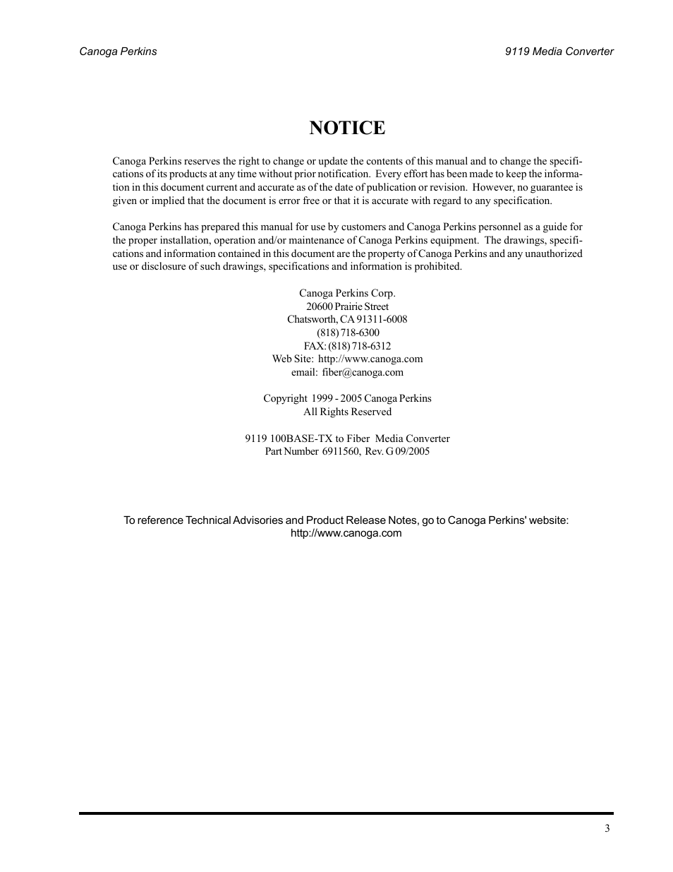 Notice | CANOGA PERKINS 9119 Rack Mount 100BASE-TX/FX Media Converter User Manual | Page 3 / 30