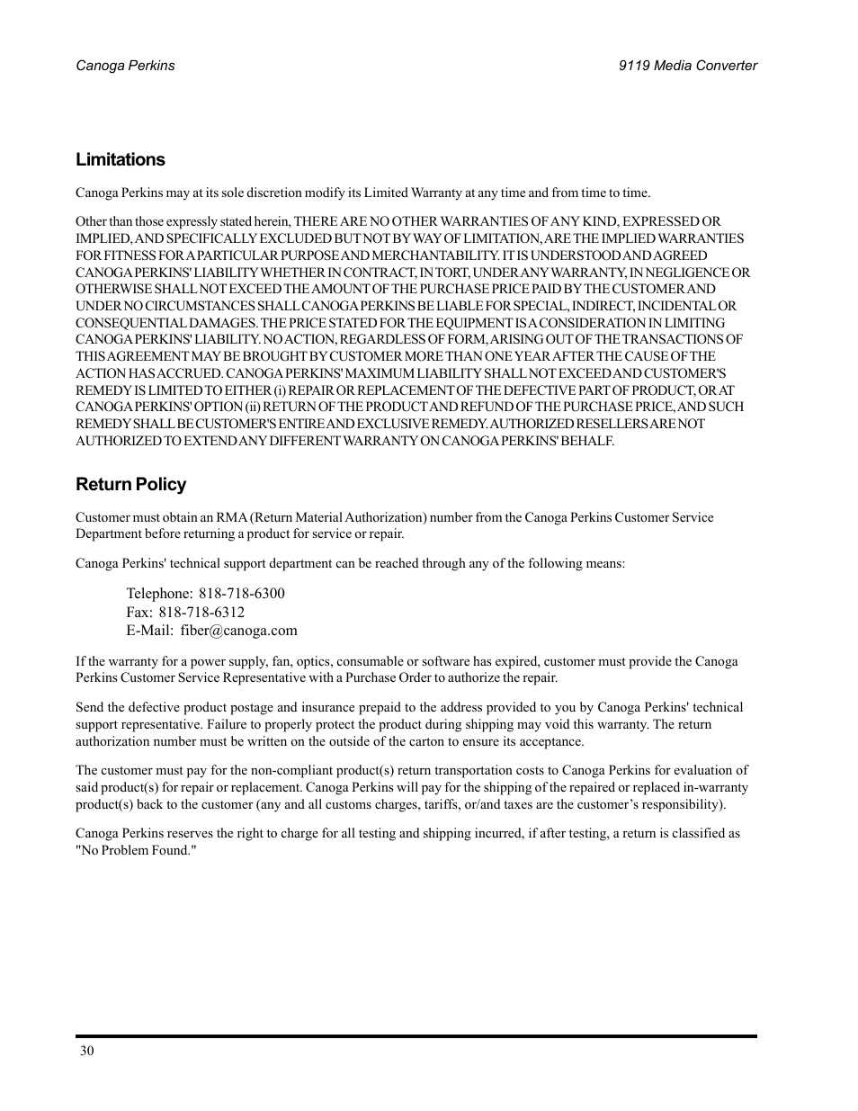 Limitations, Return policy | CANOGA PERKINS 9119 Rack Mount 100BASE-TX/FX Media Converter User Manual | Page 30 / 30