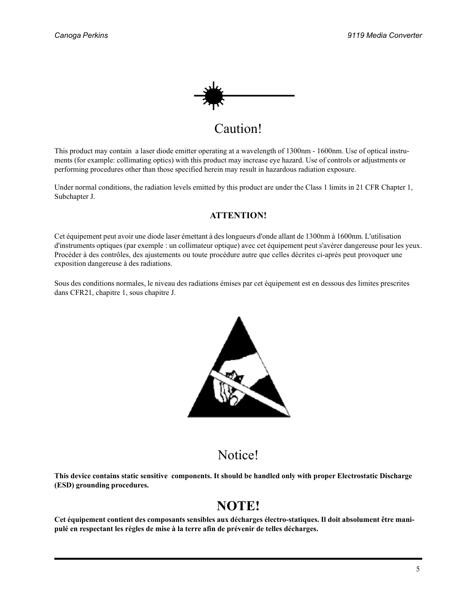 Caution, Notice | CANOGA PERKINS 9119 Rack Mount 100BASE-TX/FX Media Converter User Manual | Page 5 / 30