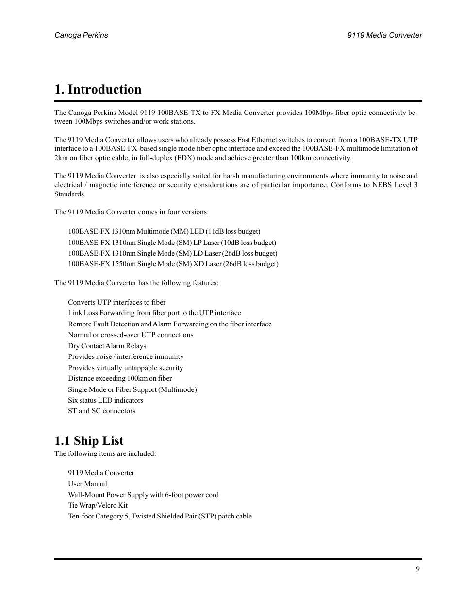 Introduction, 1 ship list | CANOGA PERKINS 9119 Rack Mount 100BASE-TX/FX Media Converter User Manual | Page 9 / 30