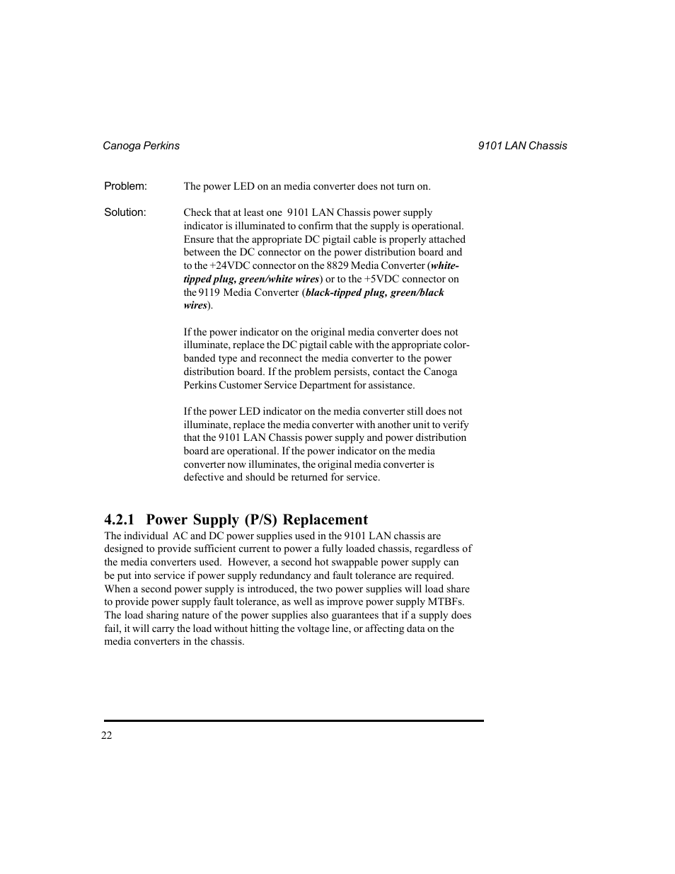 1 power supply (p/s) replacement | CANOGA PERKINS 9101 LAN Chassis User Manual | Page 22 / 31