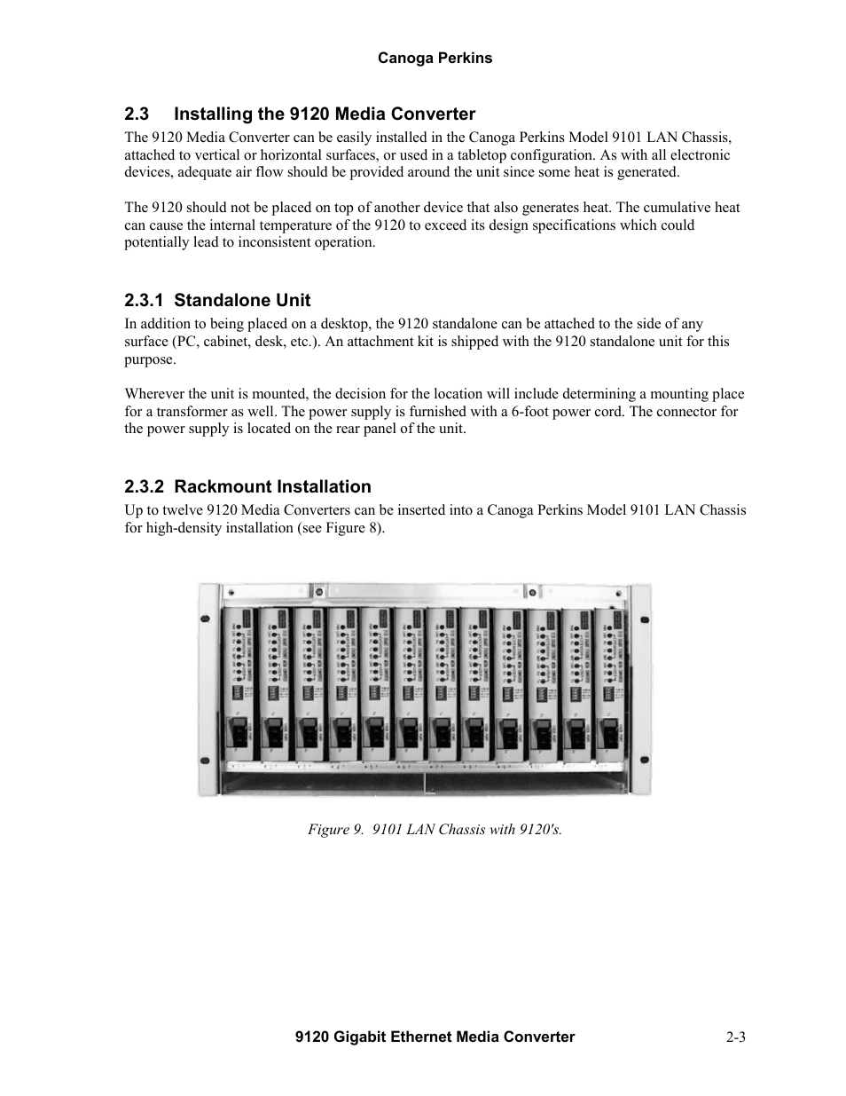 3installing the 9120 media converter, 1standalone unit, 2rackmount installation | Installing the 9120 media converter -3, Standalone unit -3, Rackmount installation -3, Figure 9. 9101 lan chassis with 9120's -3 | CANOGA PERKINS 9120 Gigabit Ethernet Media Converter User Manual | Page 13 / 33