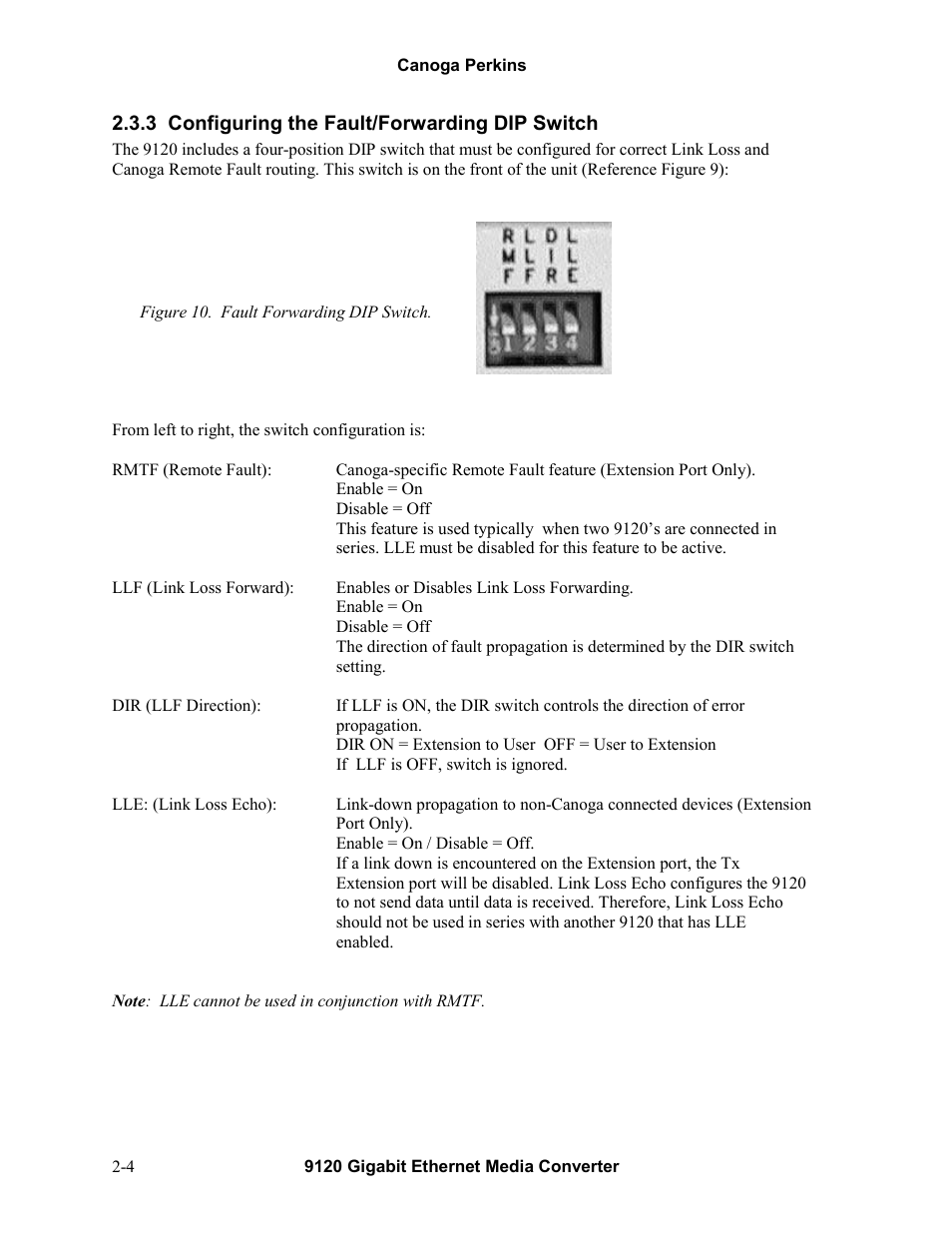 3configuring the fault/forwarding dip switch, Configuring the fault/forwarding dip switch -4, Figure 10. fault forwarding dip switch -4 | CANOGA PERKINS 9120 Gigabit Ethernet Media Converter User Manual | Page 14 / 33