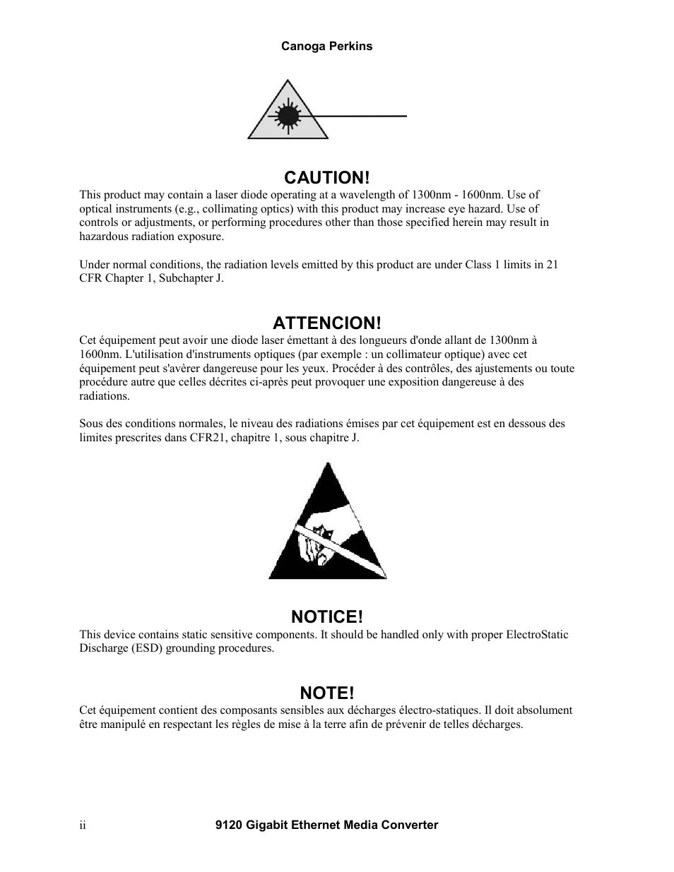 Caution, Attencion, Notice | CANOGA PERKINS 9120 Gigabit Ethernet Media Converter User Manual | Page 2 / 33