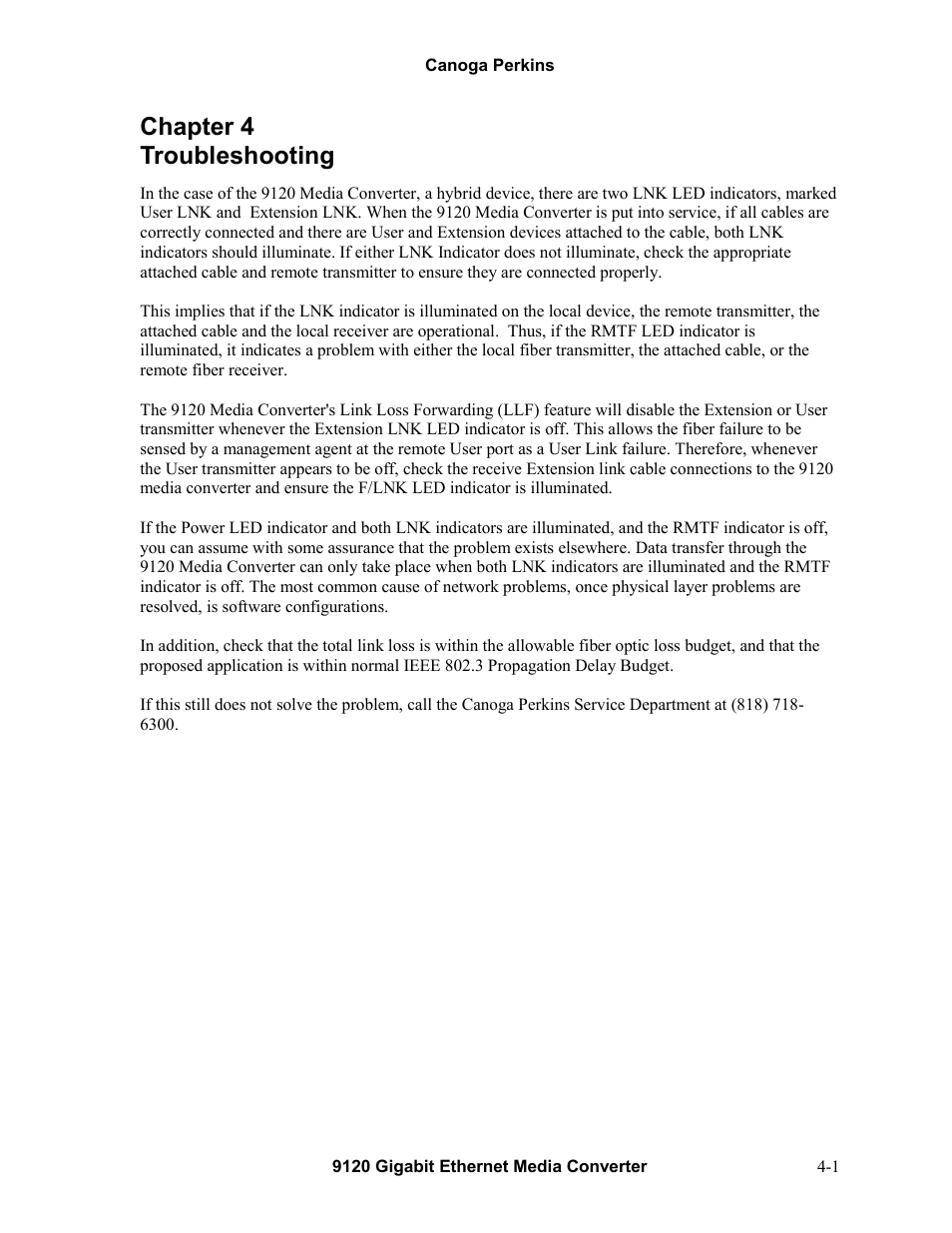 Troubleshooting, Chapter 4 troubleshooting -1, Chapter 4 troubleshooting | CANOGA PERKINS 9120 Gigabit Ethernet Media Converter User Manual | Page 23 / 33