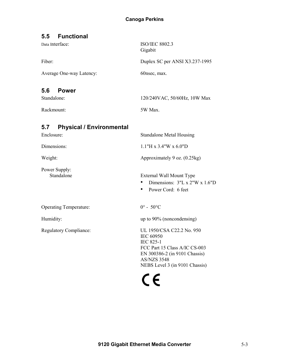 5functional, 6power, 7physical / environmental | Functional -3, Power -3, Physical / environmental -3 | CANOGA PERKINS 9120 Gigabit Ethernet Media Converter User Manual | Page 27 / 33