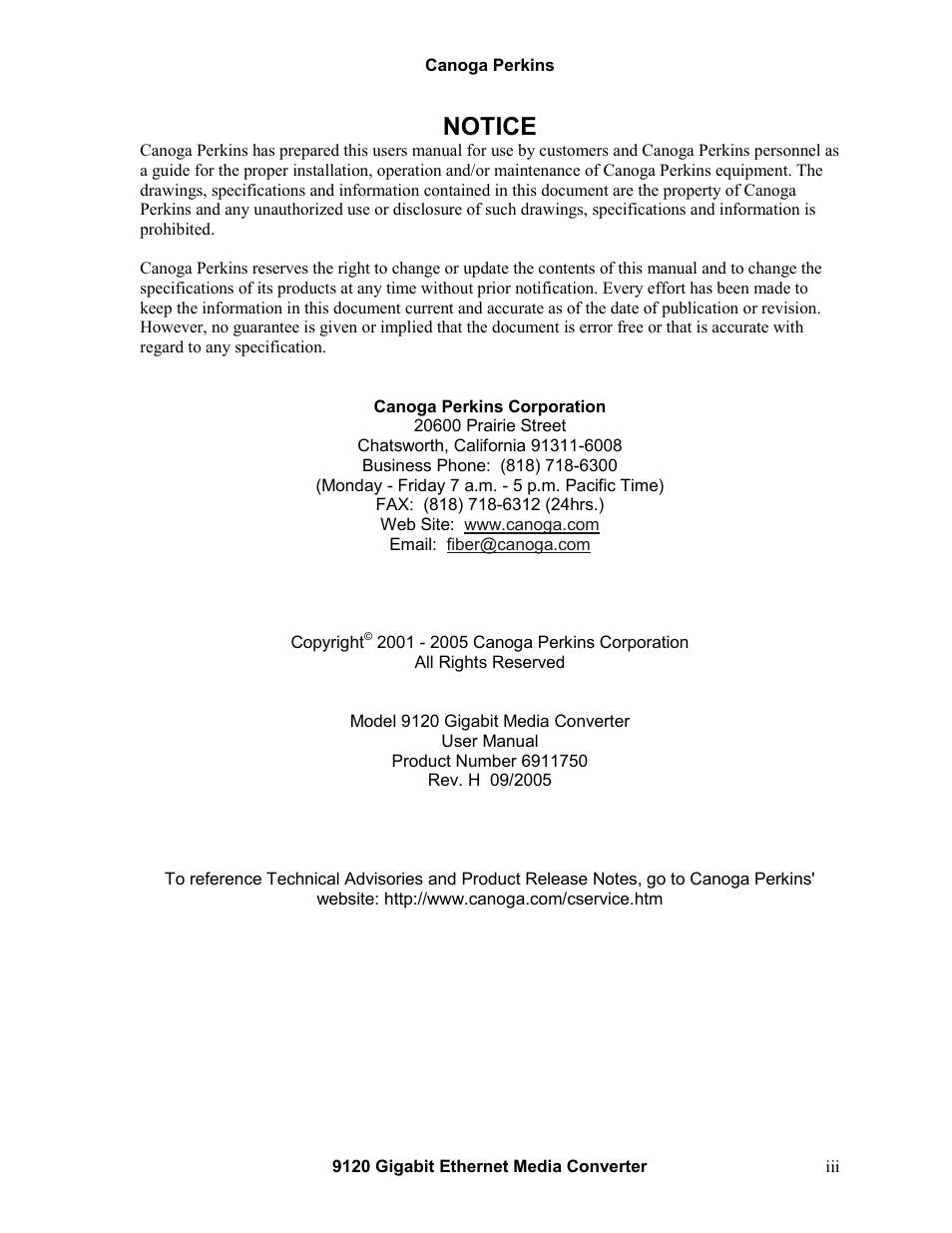 Notice | CANOGA PERKINS 9120 Gigabit Ethernet Media Converter User Manual | Page 3 / 33