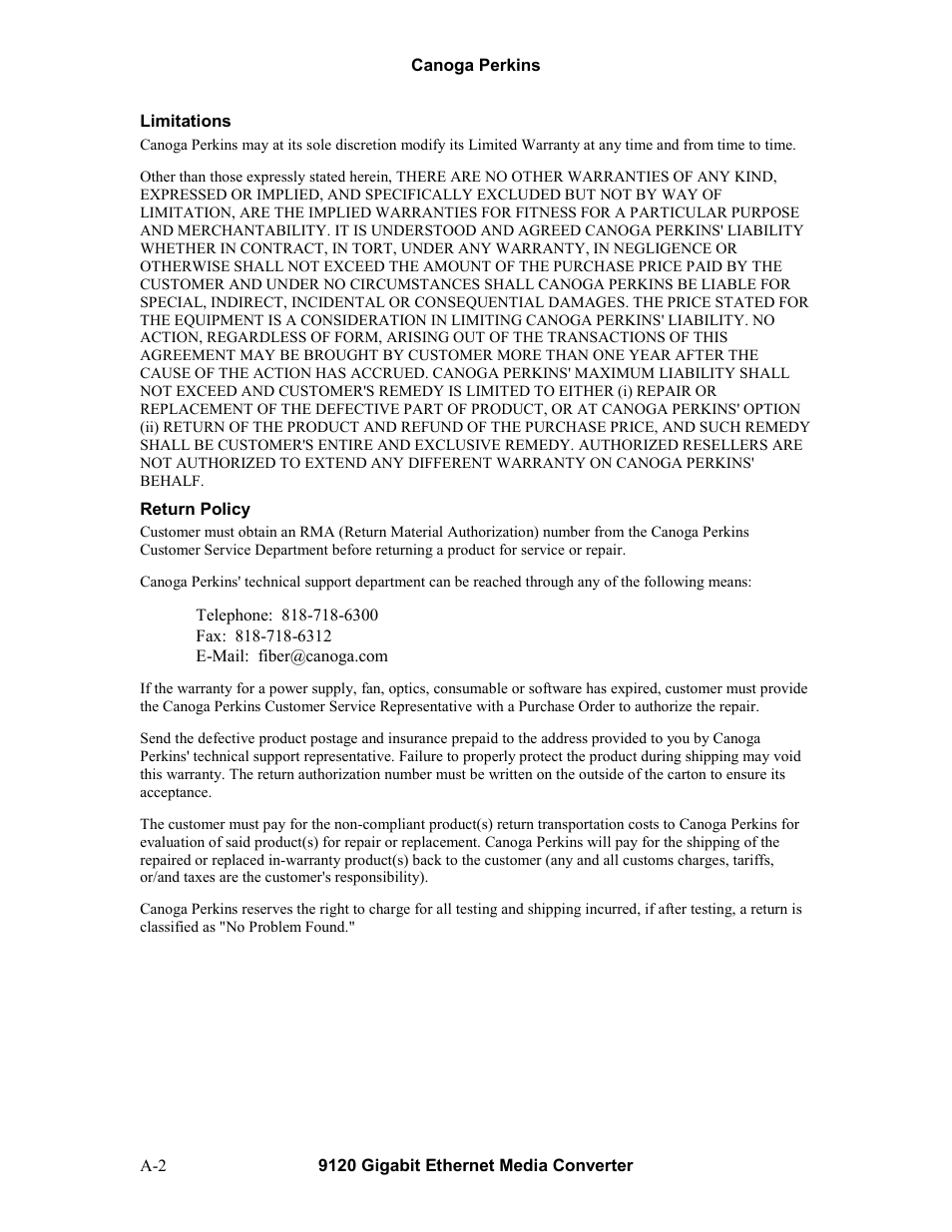 CANOGA PERKINS 9120 Gigabit Ethernet Media Converter User Manual | Page 32 / 33