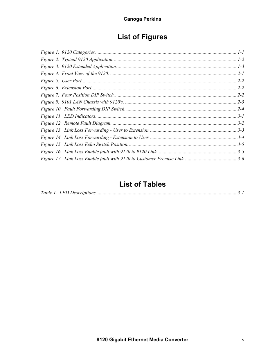 List of figures, List of tables | CANOGA PERKINS 9120 Gigabit Ethernet Media Converter User Manual | Page 5 / 33