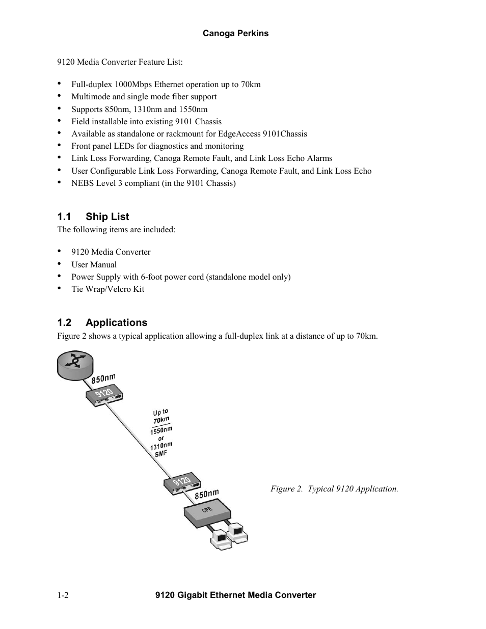 1ship list, 2applications, Ship list -2 | Applications -2, Figure 2. typical 9120 application -2 | CANOGA PERKINS 9120 Gigabit Ethernet Media Converter User Manual | Page 8 / 33