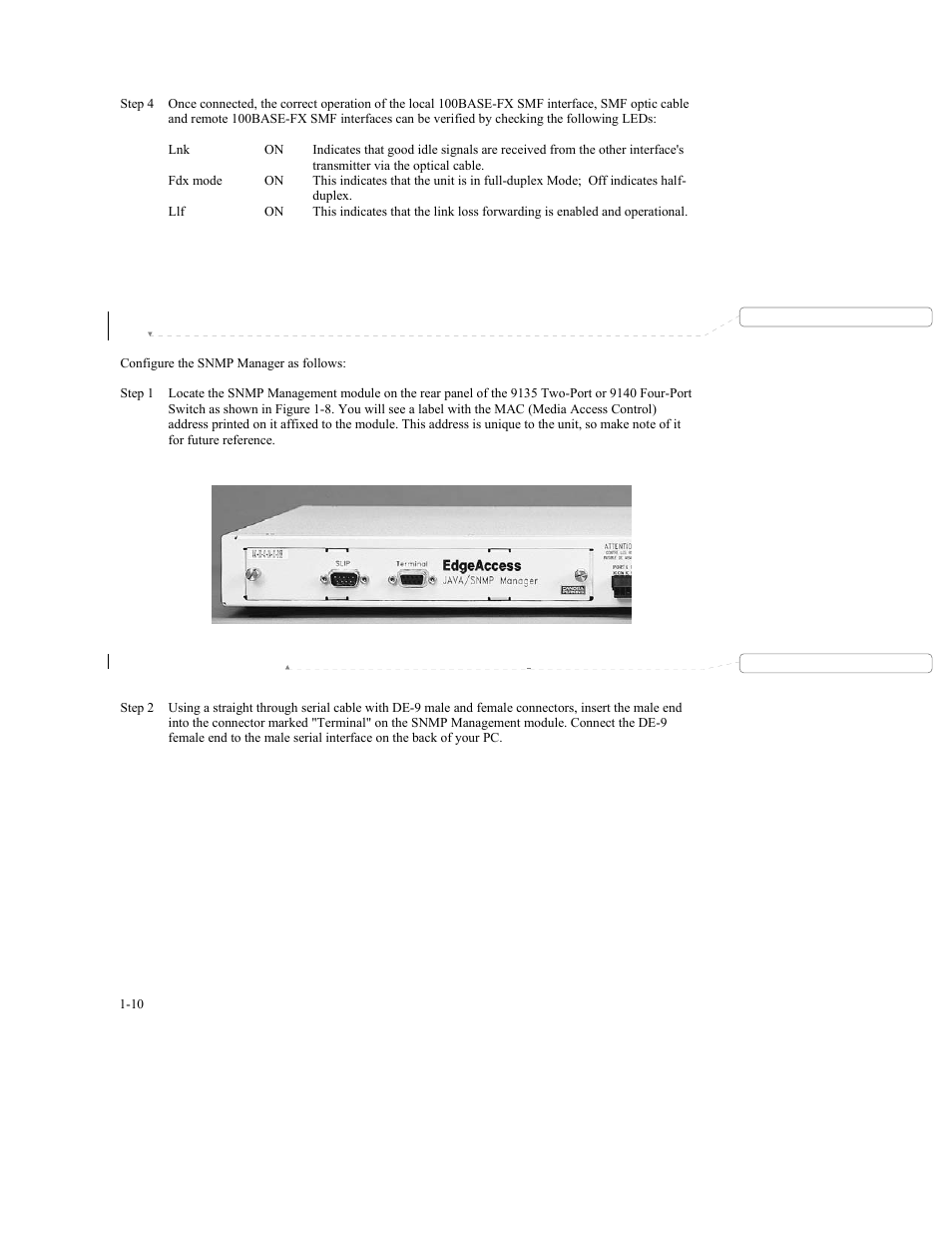 9 quick start management module cable attachment | CANOGA PERKINS 9140 Four-Port SNMP Managed Fast Ethernet Switch User Manual | Page 20 / 99