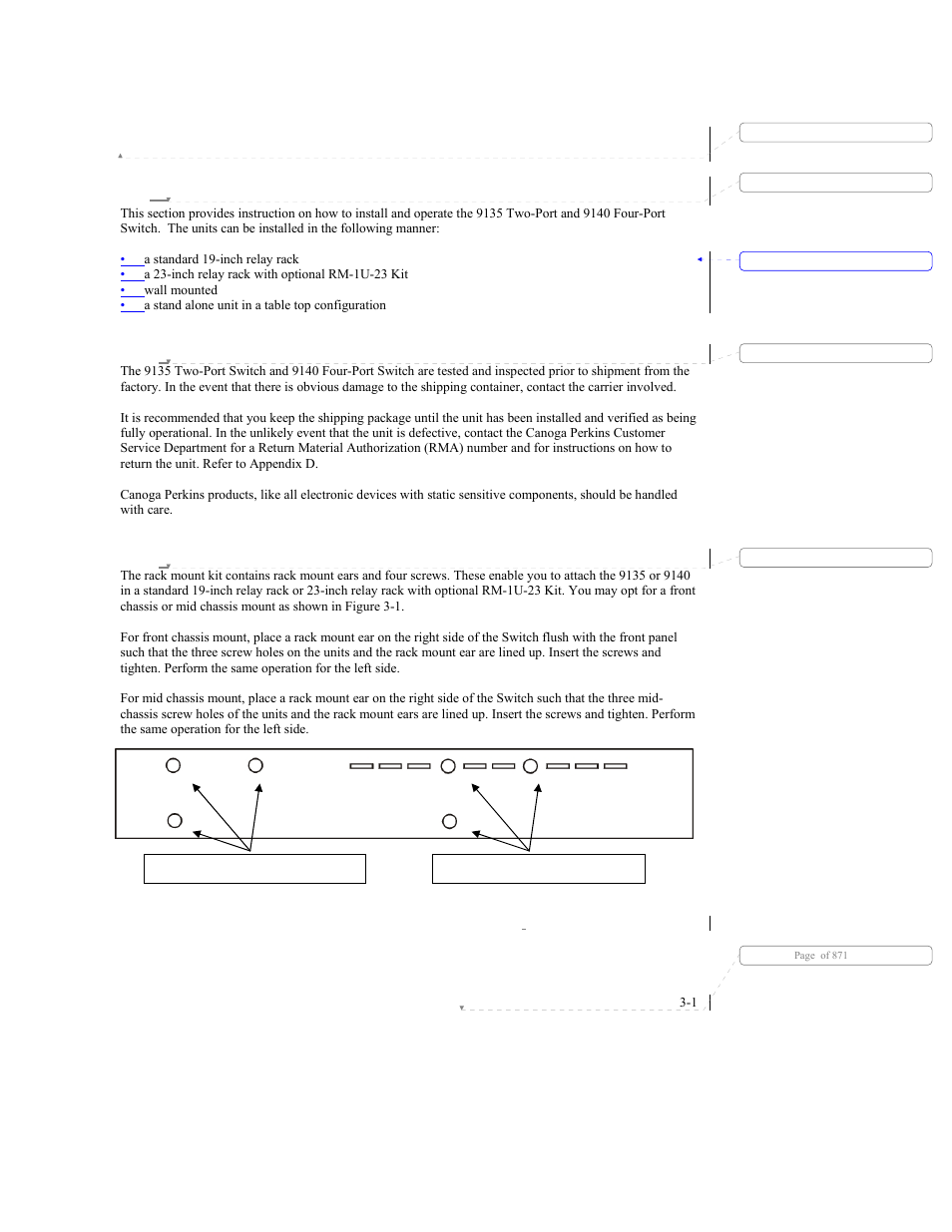 Chapter 3 installation and setup, 1 installation, 1 unpacking | 2 rack mount installation, Installation and setup, Chapter 3 | CANOGA PERKINS 9140 Four-Port SNMP Managed Fast Ethernet Switch User Manual | Page 27 / 99