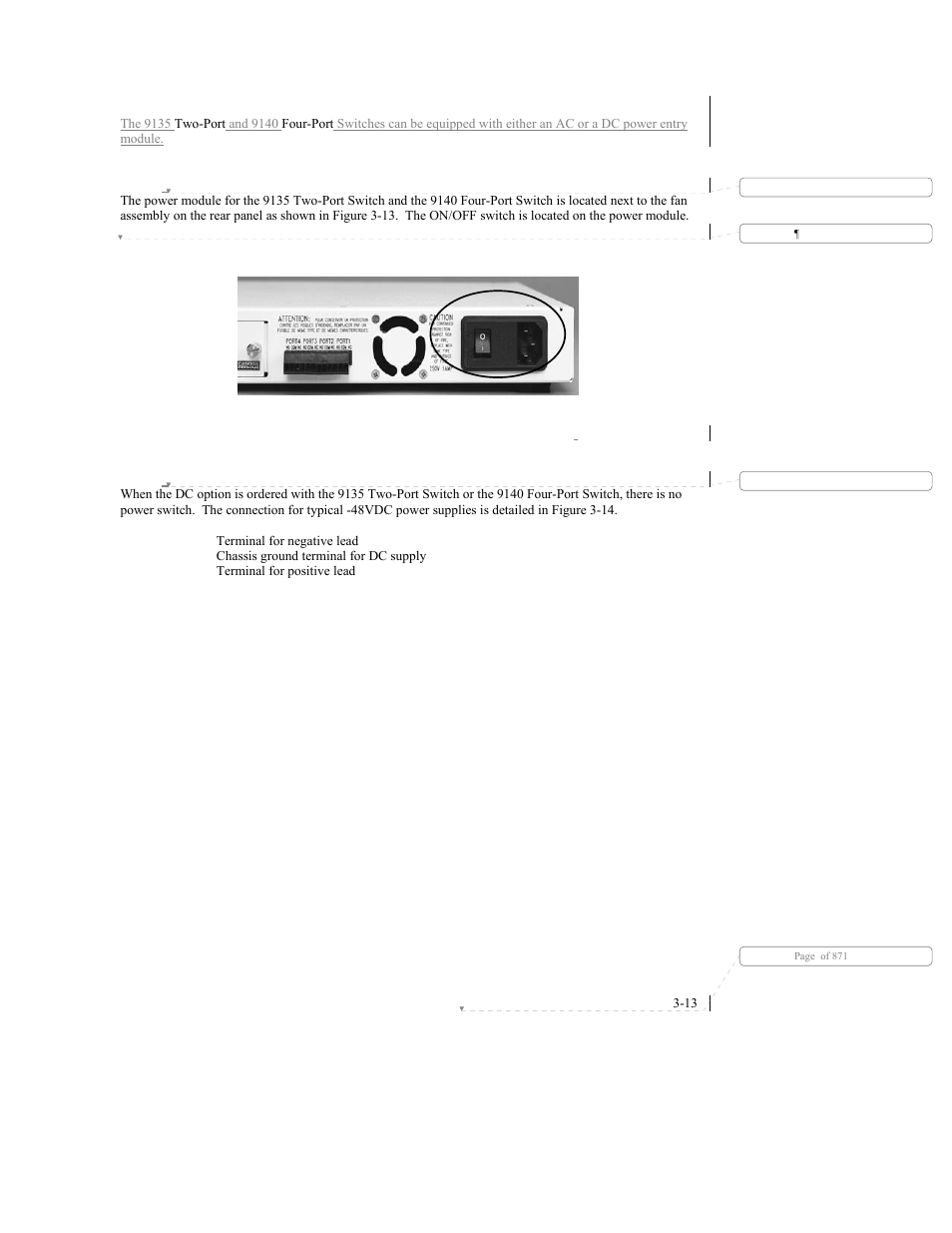 9 ac/dc power and switch, 1 ac power entry and switch, 2 dc power entry | CANOGA PERKINS 9140 Four-Port SNMP Managed Fast Ethernet Switch User Manual | Page 39 / 99