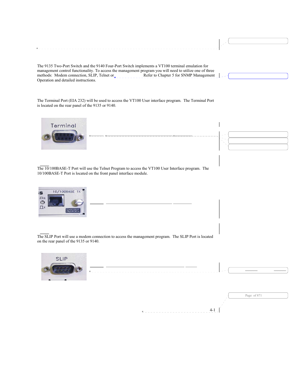 Chapter 4 software management, 1 snmp management overview - vt100, 1 management access - terminal | 2 management access - telnet, 3 management access - modem slip connection, Software management, Chapter 4 | CANOGA PERKINS 9140 Four-Port SNMP Managed Fast Ethernet Switch User Manual | Page 43 / 99