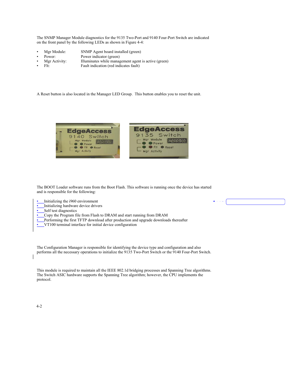 4 front panel diagnostics, 2 boot loader, 3 configuration manager | 4 bridging / spanning tree | CANOGA PERKINS 9140 Four-Port SNMP Managed Fast Ethernet Switch User Manual | Page 44 / 99