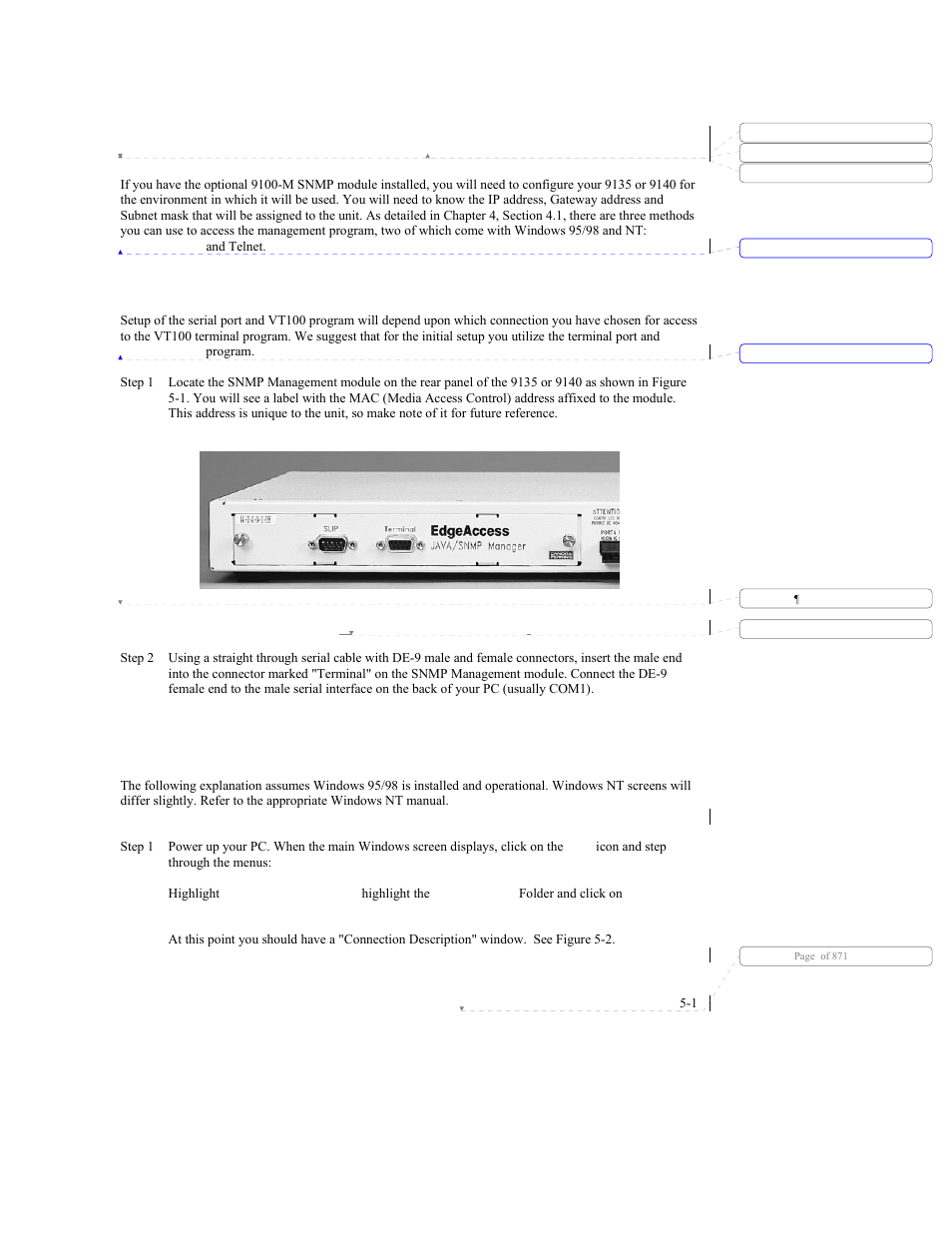 Chapter 5 management setup and operation, 1 setup and configuration of the serial port, 1 pc configuration for terminal operation | Management setup and operation, Chapter 5 | CANOGA PERKINS 9140 Four-Port SNMP Managed Fast Ethernet Switch User Manual | Page 47 / 99
