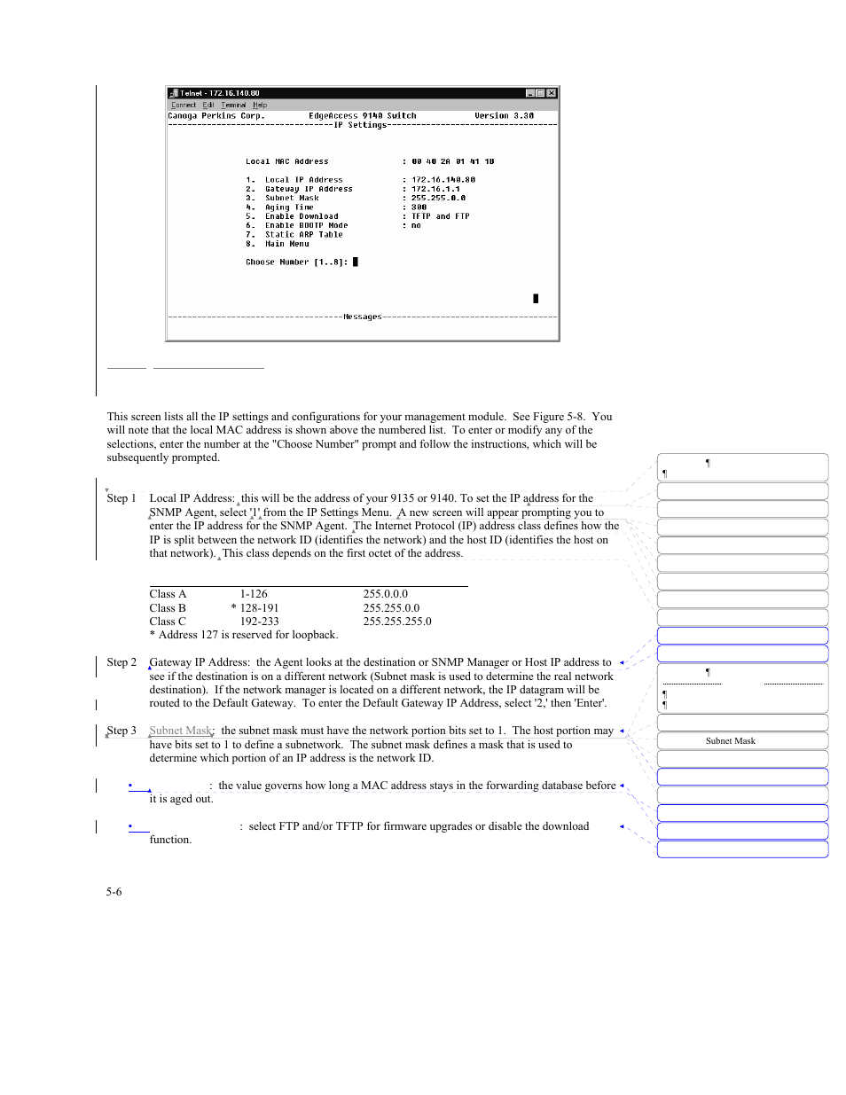 1 ip settings | CANOGA PERKINS 9140 Four-Port SNMP Managed Fast Ethernet Switch User Manual | Page 52 / 99