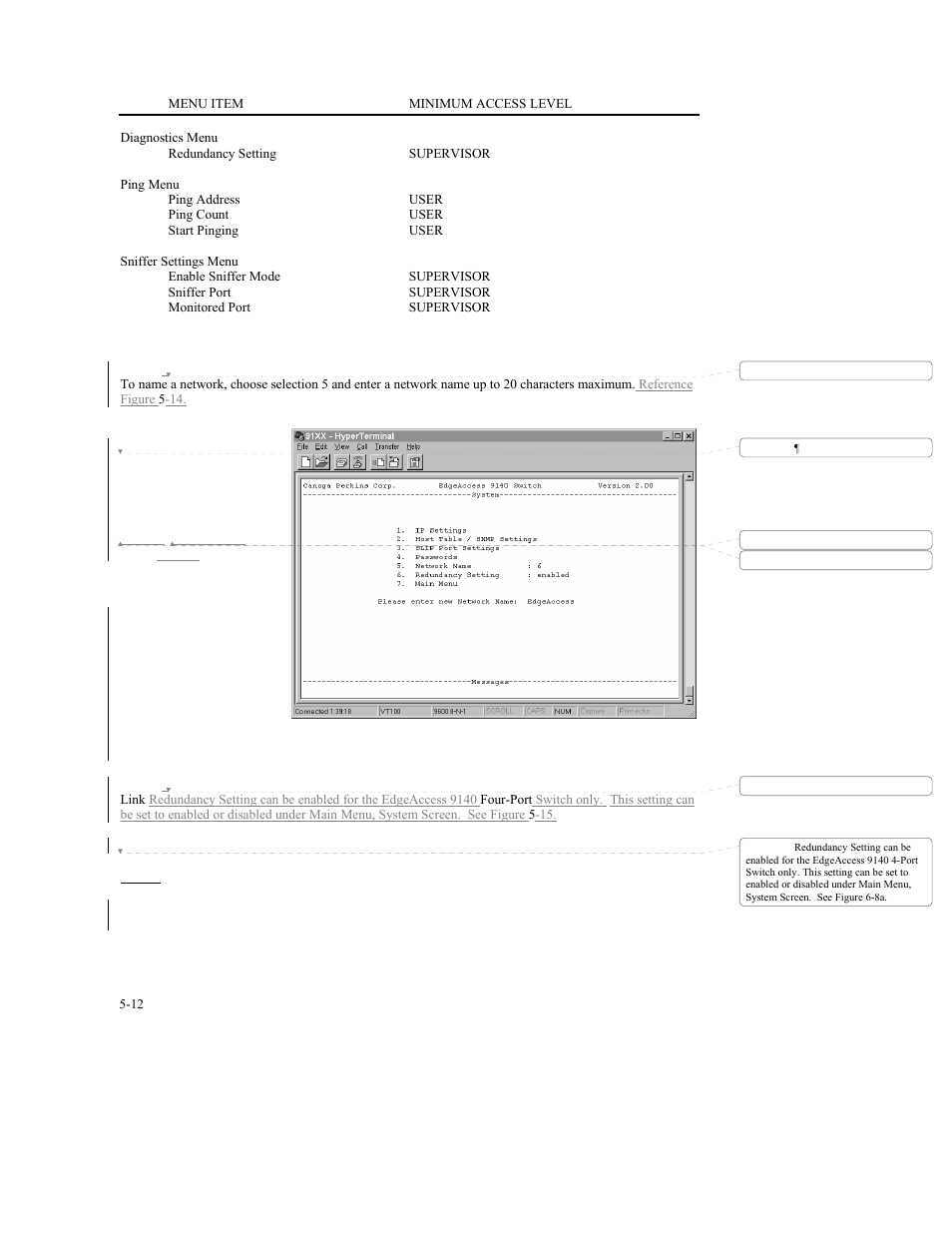 5 network name, 6 redundancy setting | CANOGA PERKINS 9140 Four-Port SNMP Managed Fast Ethernet Switch User Manual | Page 58 / 99