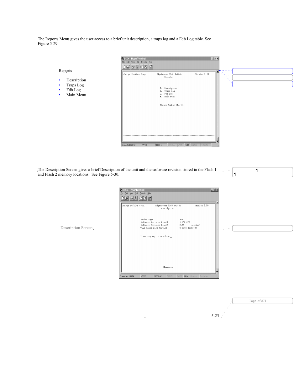4 reports, 1 description screen | CANOGA PERKINS 9140 Four-Port SNMP Managed Fast Ethernet Switch User Manual | Page 69 / 99