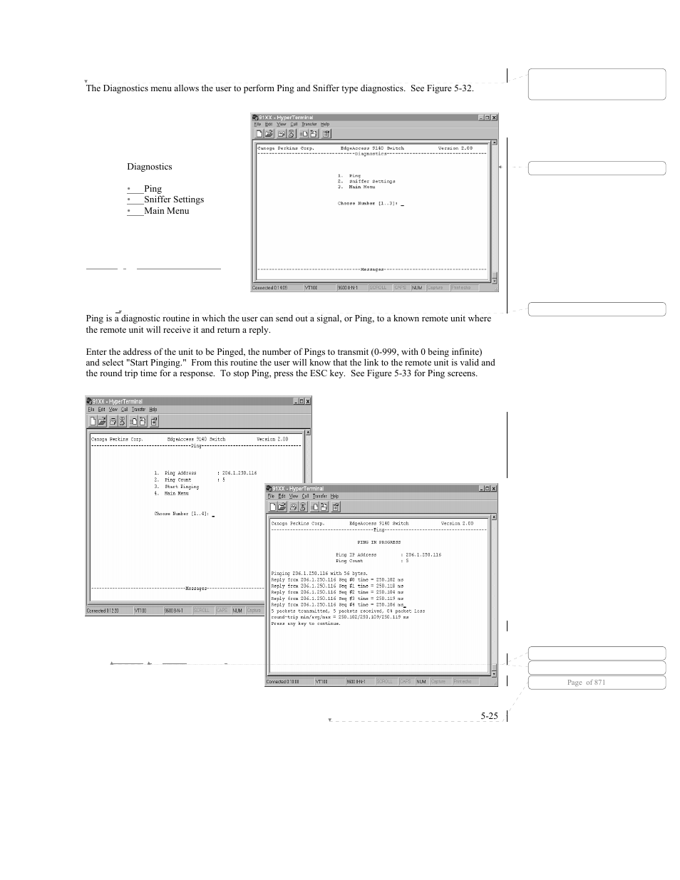 1 ping, 5 diagnostics | CANOGA PERKINS 9140 Four-Port SNMP Managed Fast Ethernet Switch User Manual | Page 71 / 99