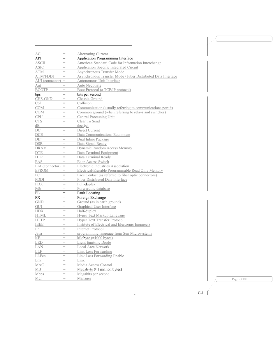 Appendix c acronyms / abbreviations | CANOGA PERKINS 9140 Four-Port SNMP Managed Fast Ethernet Switch User Manual | Page 95 / 99