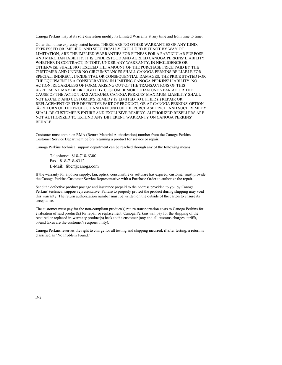 Limitations, Return policy | CANOGA PERKINS 9140 Four-Port SNMP Managed Fast Ethernet Switch User Manual | Page 98 / 99