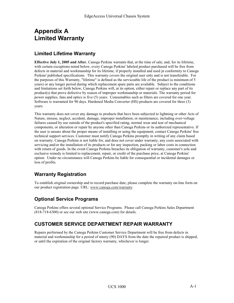 Appendix a limited warranty | CANOGA PERKINS UCS 1000 Universal Chassis System User Manual | Page 17 / 20