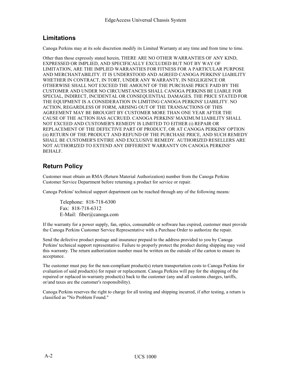 Limitations, Return policy | CANOGA PERKINS UCS 1000 Universal Chassis System User Manual | Page 18 / 20