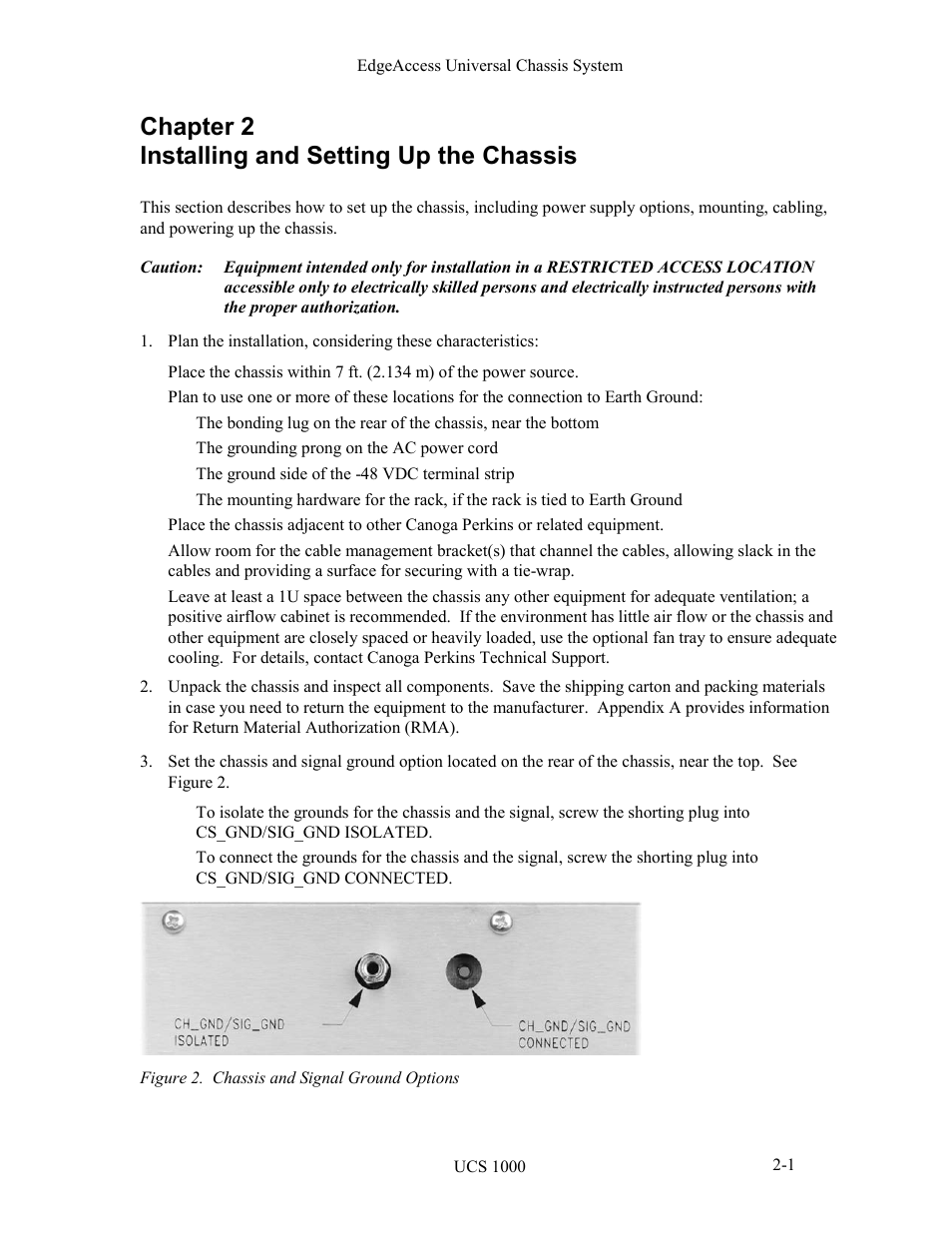 Chapter 2 installing and setting up the chassis, Chapter 2 installing and setting up the chassis -1, Figure 2. chassis and signal ground options -1 | CANOGA PERKINS UCS 1000 Universal Chassis System User Manual | Page 9 / 20