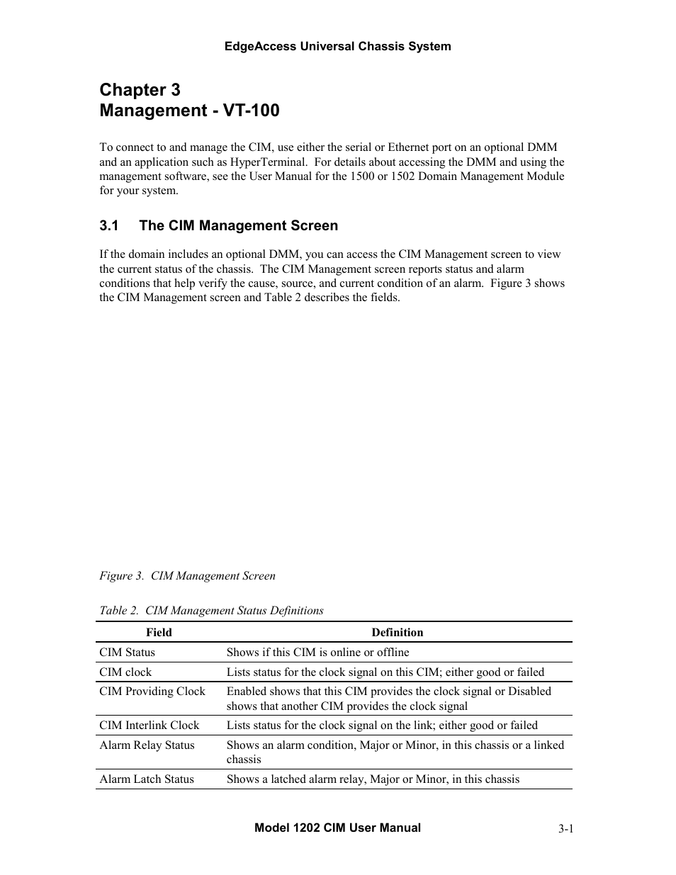 Chapter 3 management - vt-100, 1the cim management screen, Chapter 3 management - vt-100 -1 | The cim management screen -1, Figure 3. cim management screen -1, Table 2. cim management status definitions -1, 1 the cim management screen | CANOGA PERKINS 1202 Chassis Interconnect Module User Manual | Page 11 / 18