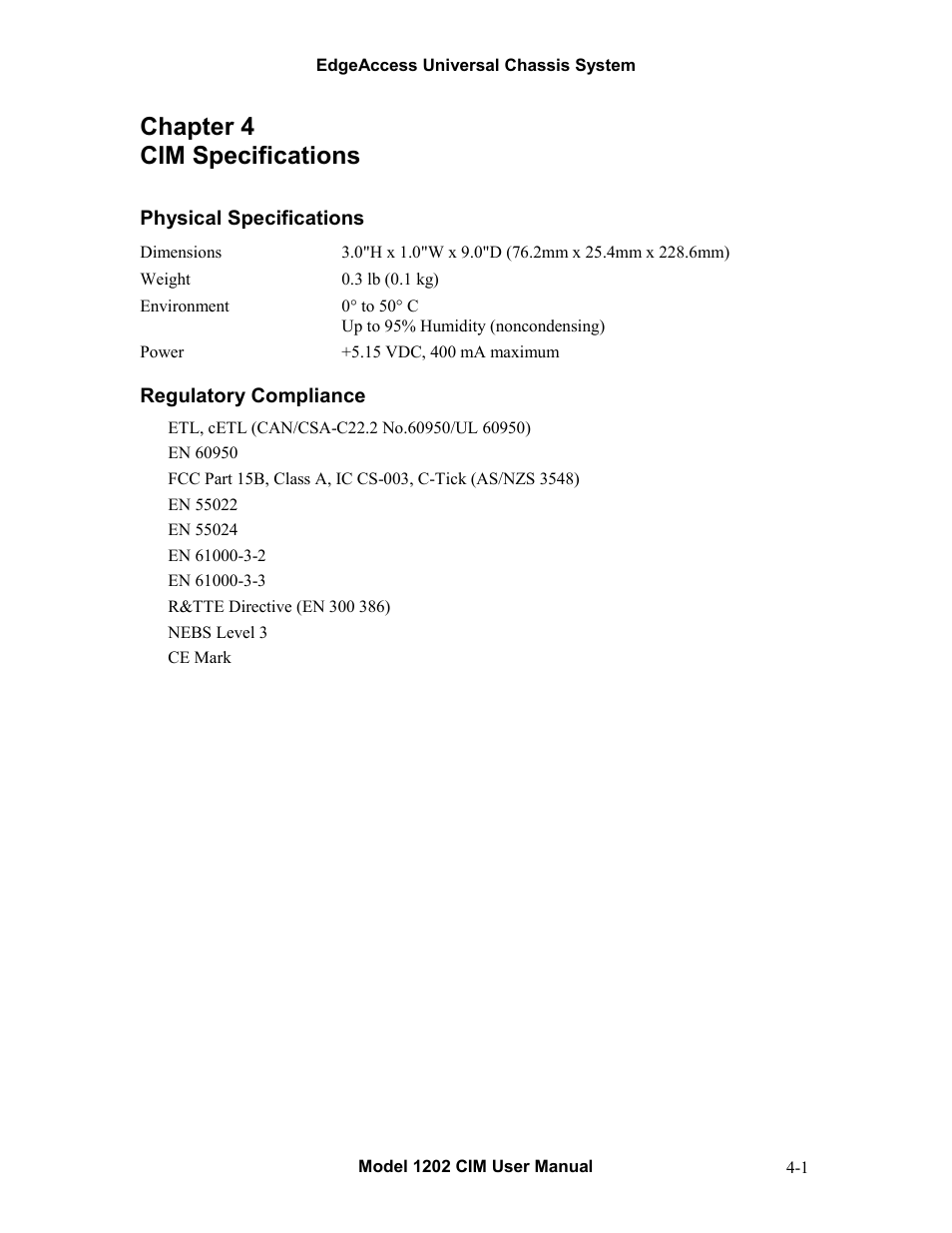 Chapter 4 cim specifications, Chapter 4 cim specifications -1 | CANOGA PERKINS 1202 Chassis Interconnect Module User Manual | Page 13 / 18