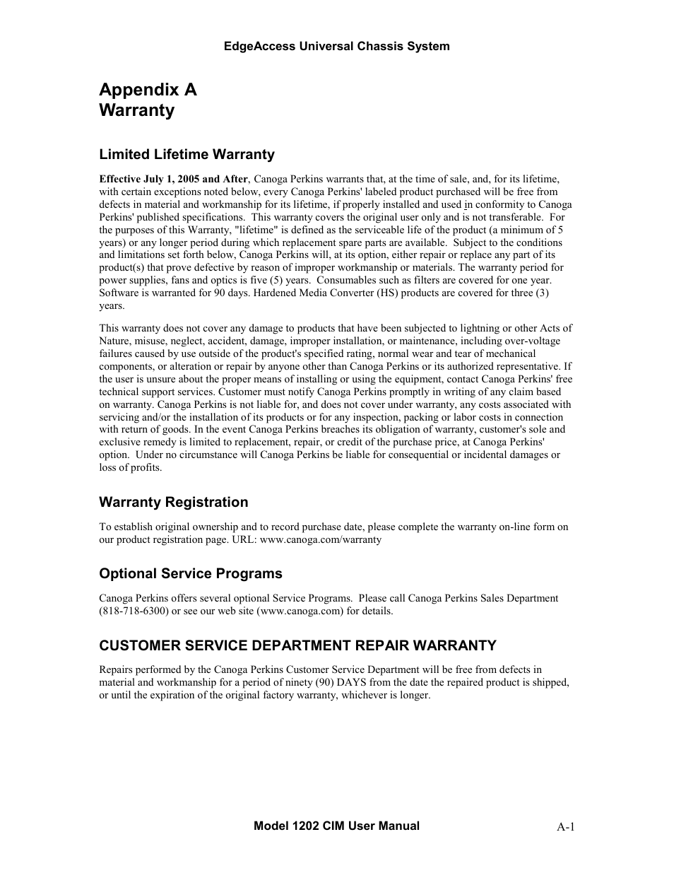 Appendix a warranty | CANOGA PERKINS 1202 Chassis Interconnect Module User Manual | Page 15 / 18