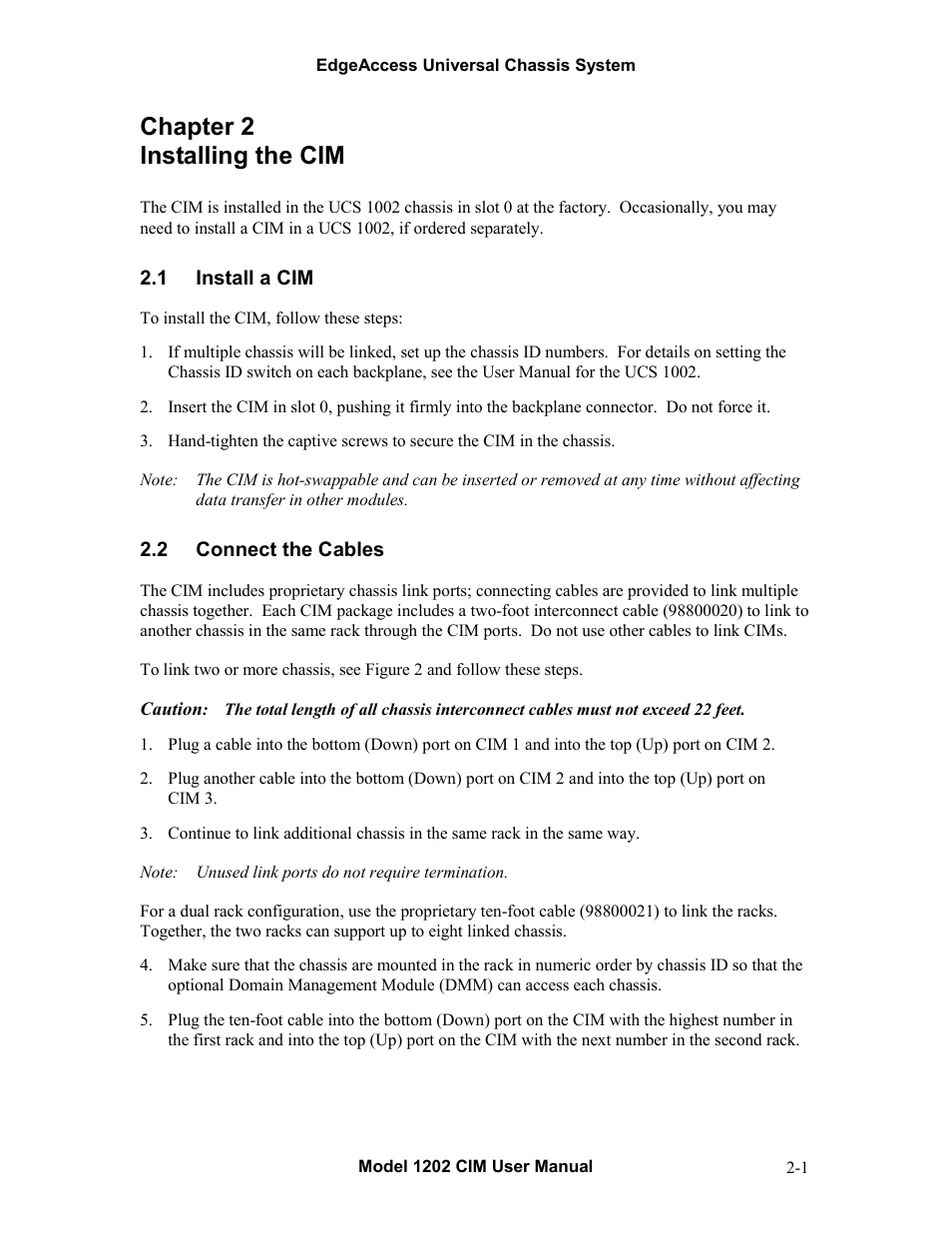 Chapter 2 installing the cim, 1install a cim, 2connect the cables | Chapter 2 installing the cim -1, Install a cim -1, Connect the cables -1 | CANOGA PERKINS 1202 Chassis Interconnect Module User Manual | Page 7 / 18