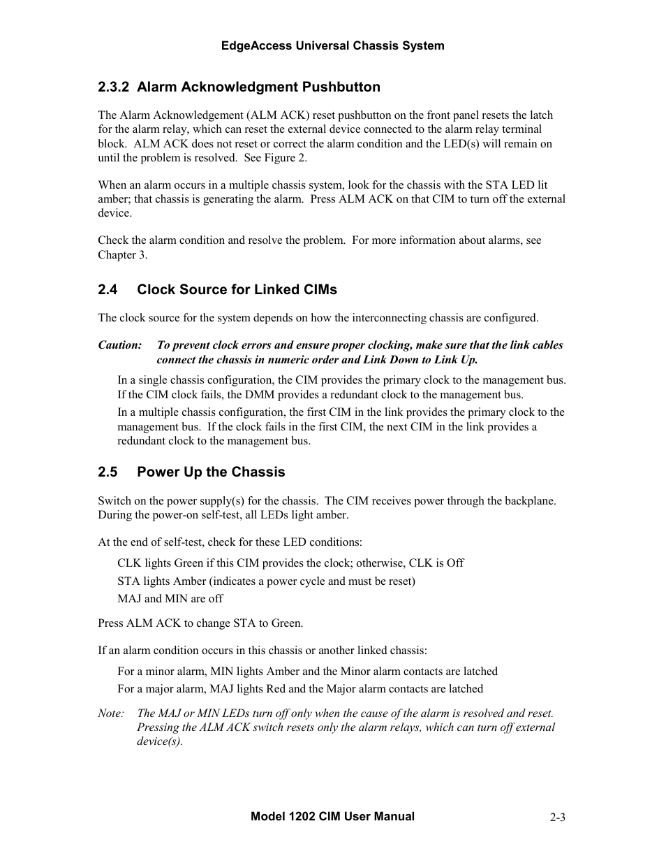 2alarm acknowledgment pushbutton, 4clock source for linked cims, 5power up the chassis | Alarm acknowledgment pushbutton -3, Clock source for linked cims -3, Power up the chassis -3 | CANOGA PERKINS 1202 Chassis Interconnect Module User Manual | Page 9 / 18
