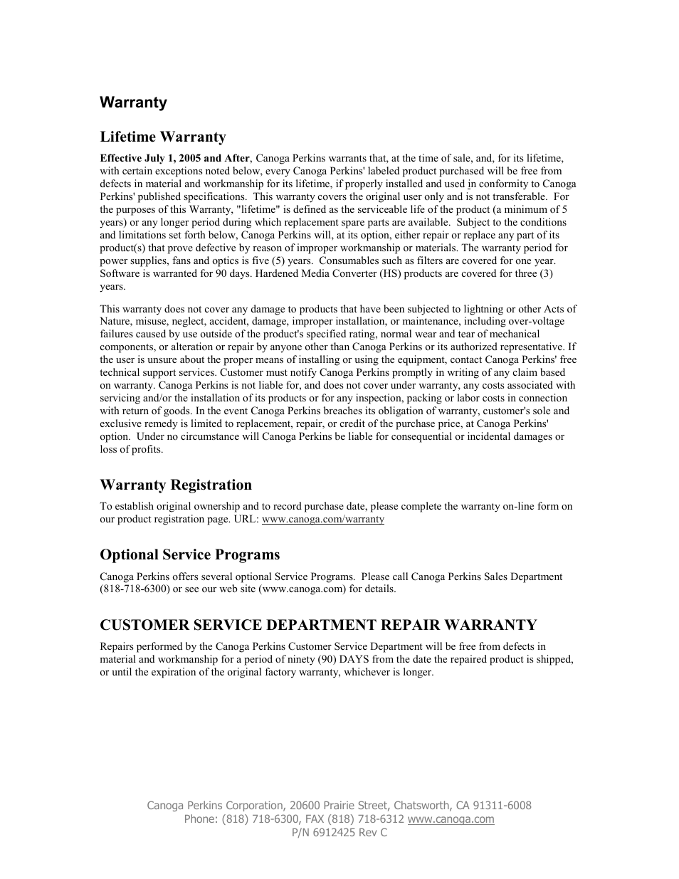 Warranty, Warranty lifetime warranty, Warranty registration | Optional service programs, Customer service department repair warranty | CANOGA PERKINS OADM User Manual | Page 6 / 7