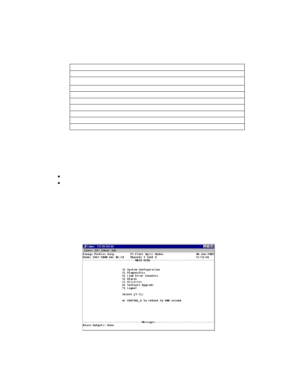 3 main menu, 3 main menu -3, Figure 23. the modem main menu screen -3 | Table 2. eia-232 de 9 pin-out -3 | CANOGA PERKINS 2461 E1 Modem User Manual | Page 33 / 80