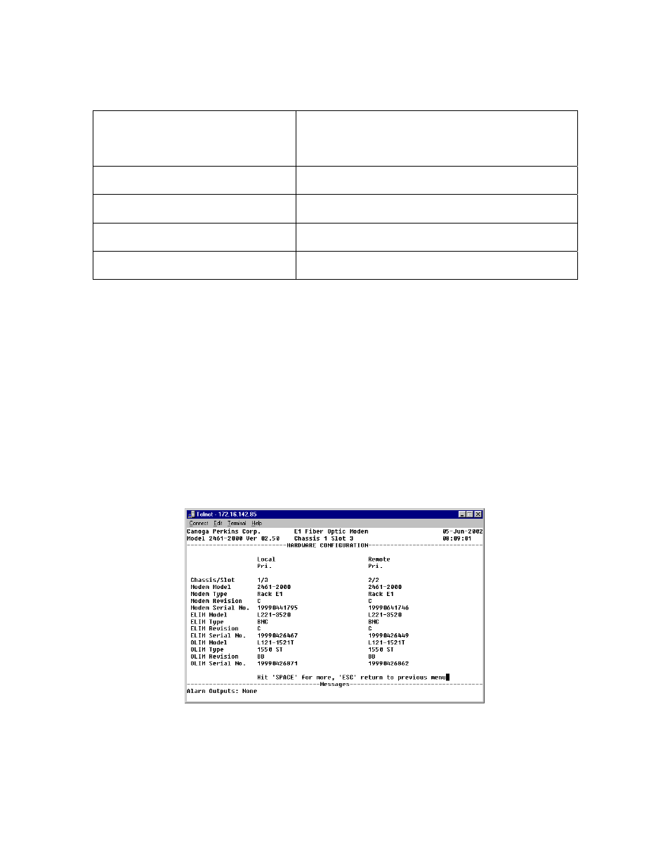 1 hardware configuration status, 1 hardware configuration status -7 | CANOGA PERKINS 2461 E1 Modem User Manual | Page 37 / 80