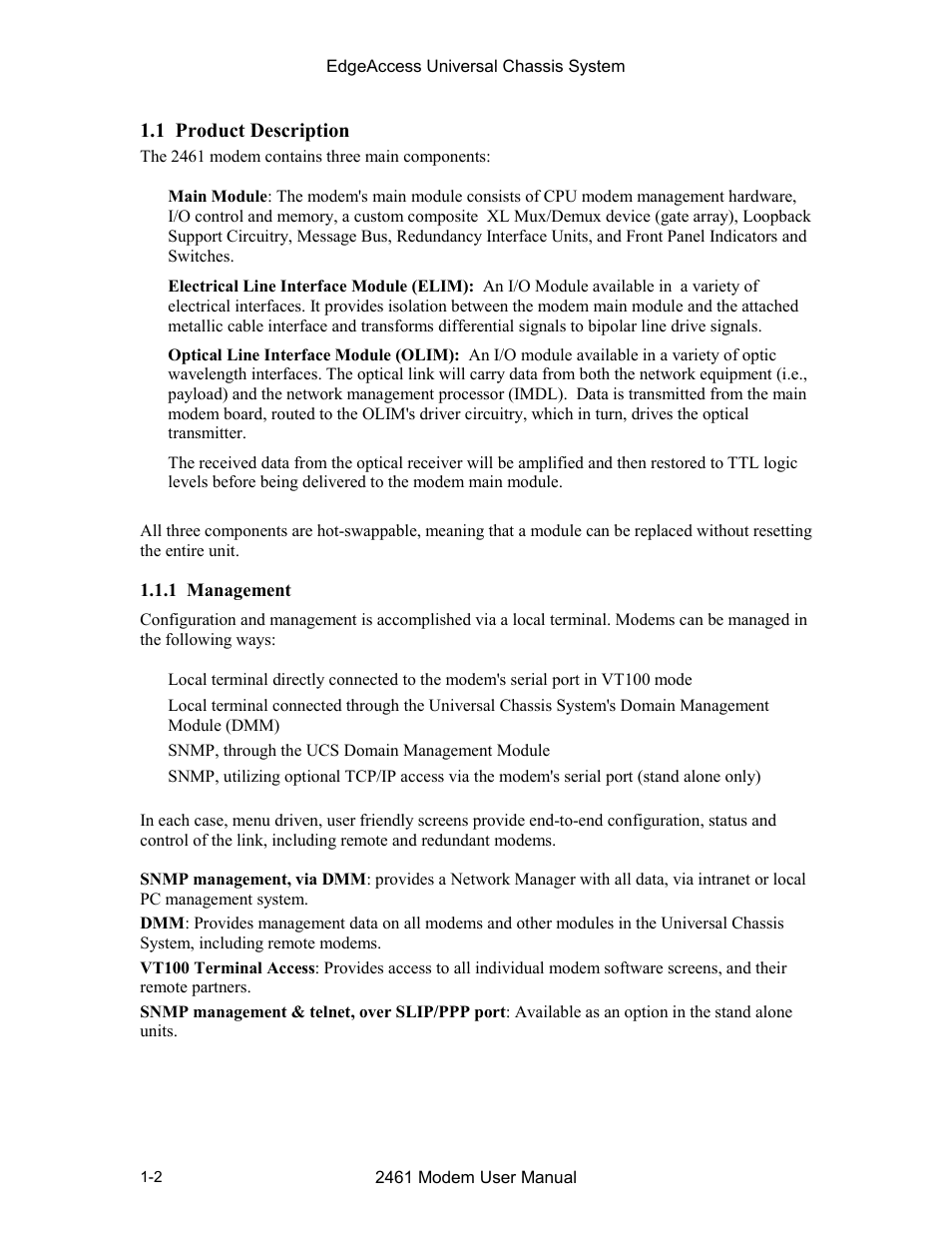 1 product description, 1 management, 1 product description -2 1.1.1 management -2 | CANOGA PERKINS 2461 E1 Modem User Manual | Page 10 / 74
