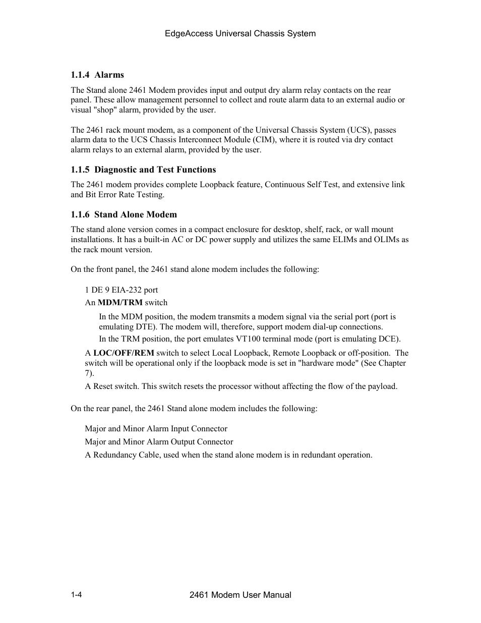 4 alarms, 5 diagnostic and test functions, 6 stand alone modem | CANOGA PERKINS 2461 E1 Modem User Manual | Page 12 / 74